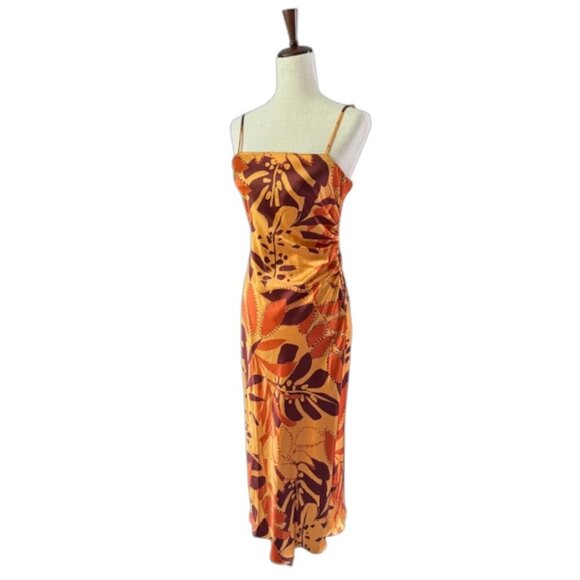 House of Harlow 1960 NWT Ruched Foliage Print Satin Slip Midi Side Slit Dress M - Picture 5 of 16